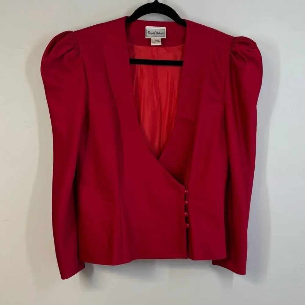 Vintage Frank Usher Red Office Core UK 38 Suit Skirt Set Blazer Pencil Skirt